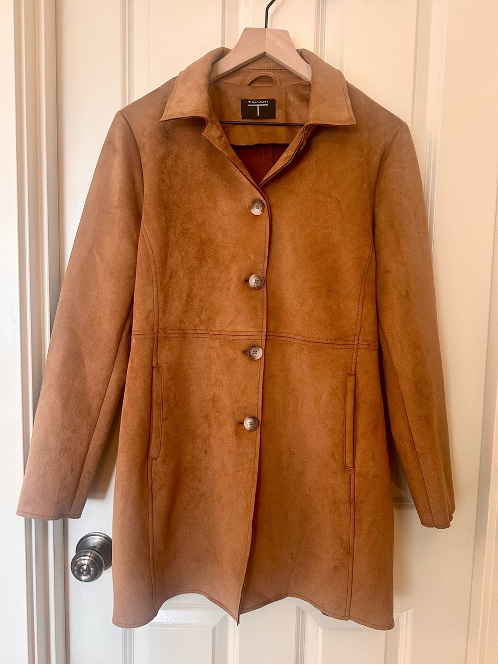 Tahari Women's Tan Faux Suede Button-Front Autumn Coat